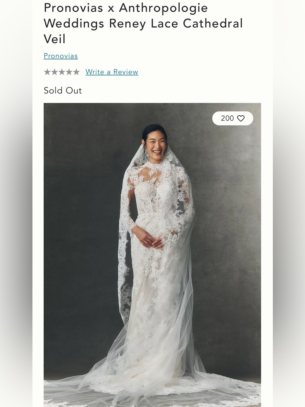 NWT Pronovias × Anthropologie
Weddings Reney Lace Cathedral
Veil